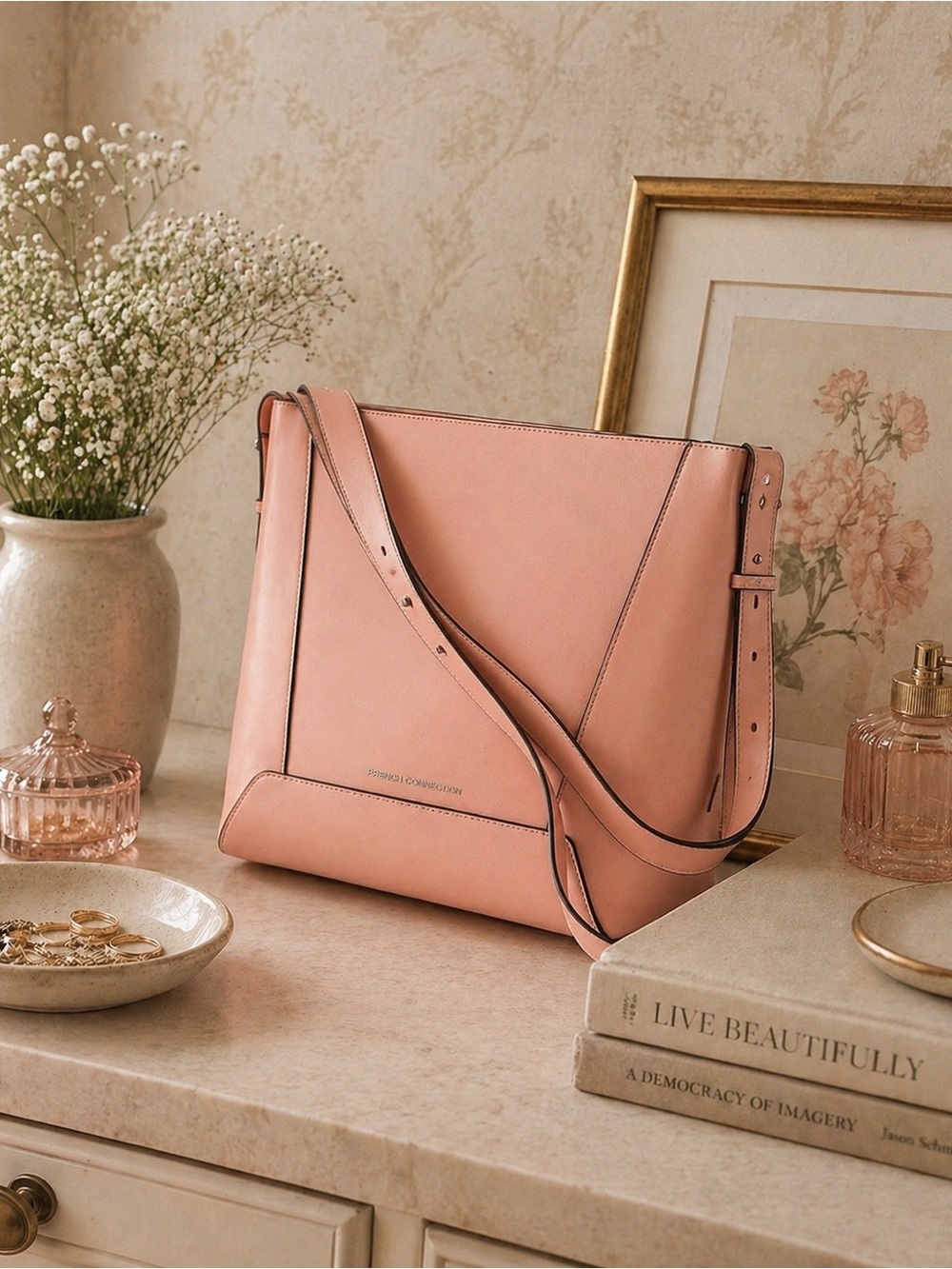 French Connection Blush Pink Structured Crossbody Bag Adjustable Strap